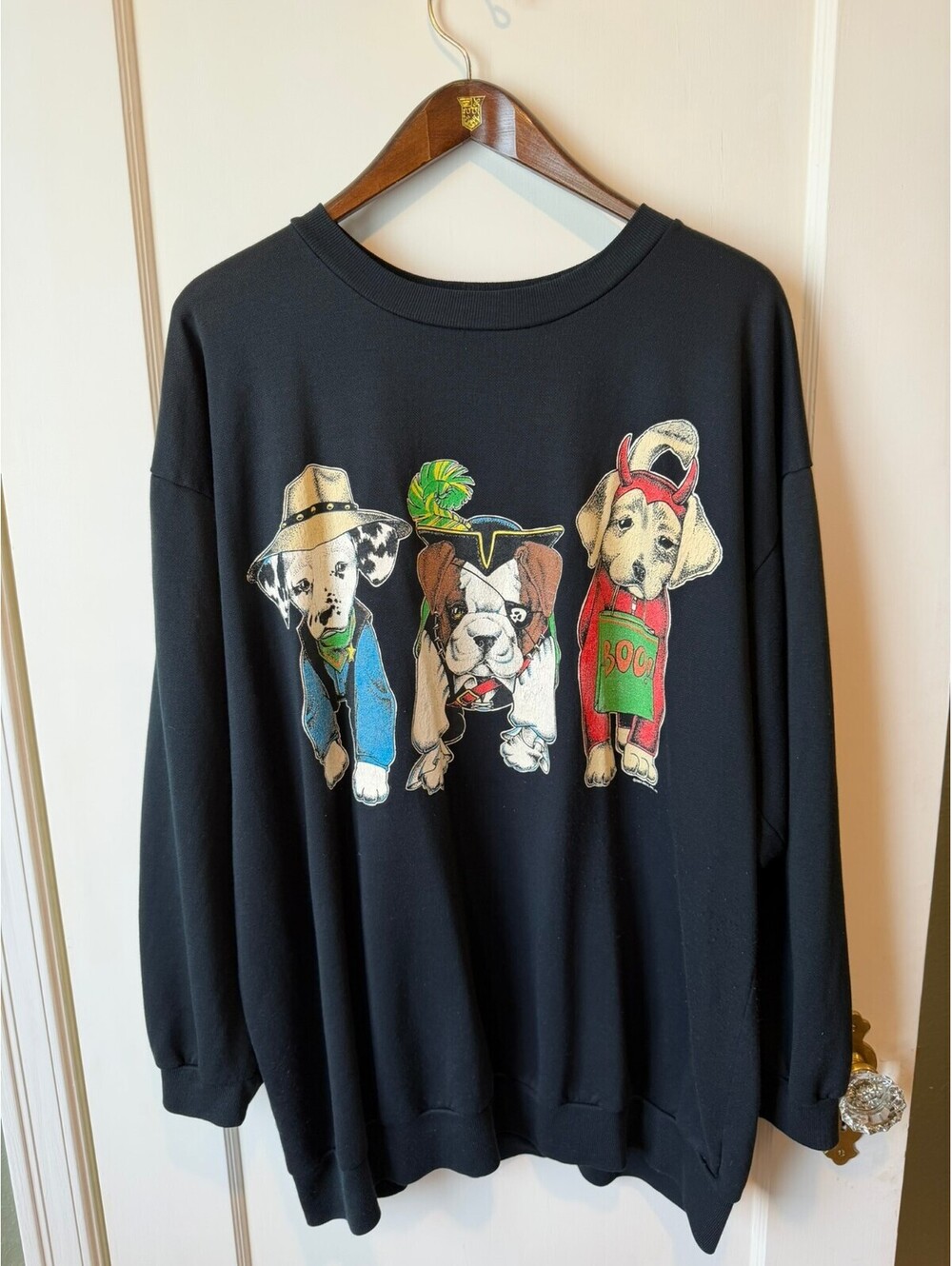 Vintage 90's Oversized Black Baggy Sweater Halloween Dogs XL
